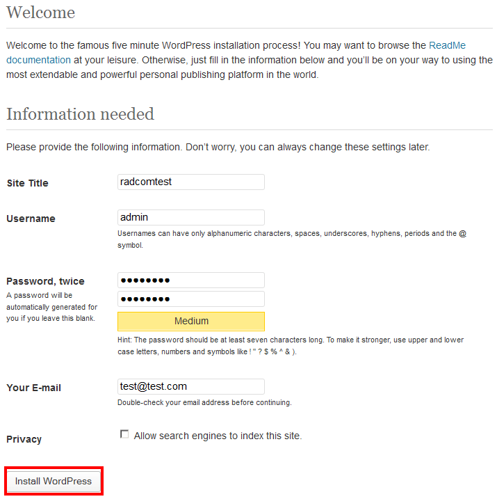 wordpress installation
