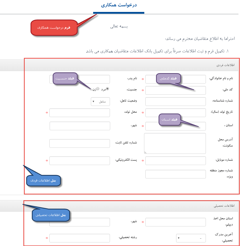 نمایش بخش های فرم