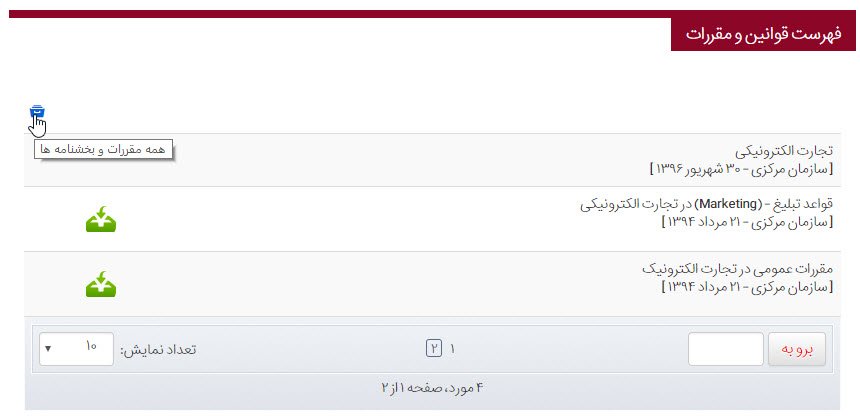 نمایش کادر پویا فهرست قوانین و مقررات